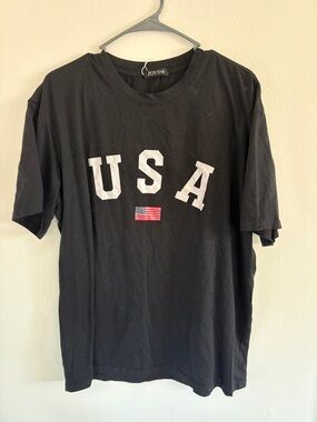 Zoya Black Short Sleeve Tee with White USA Letters and Small Flag